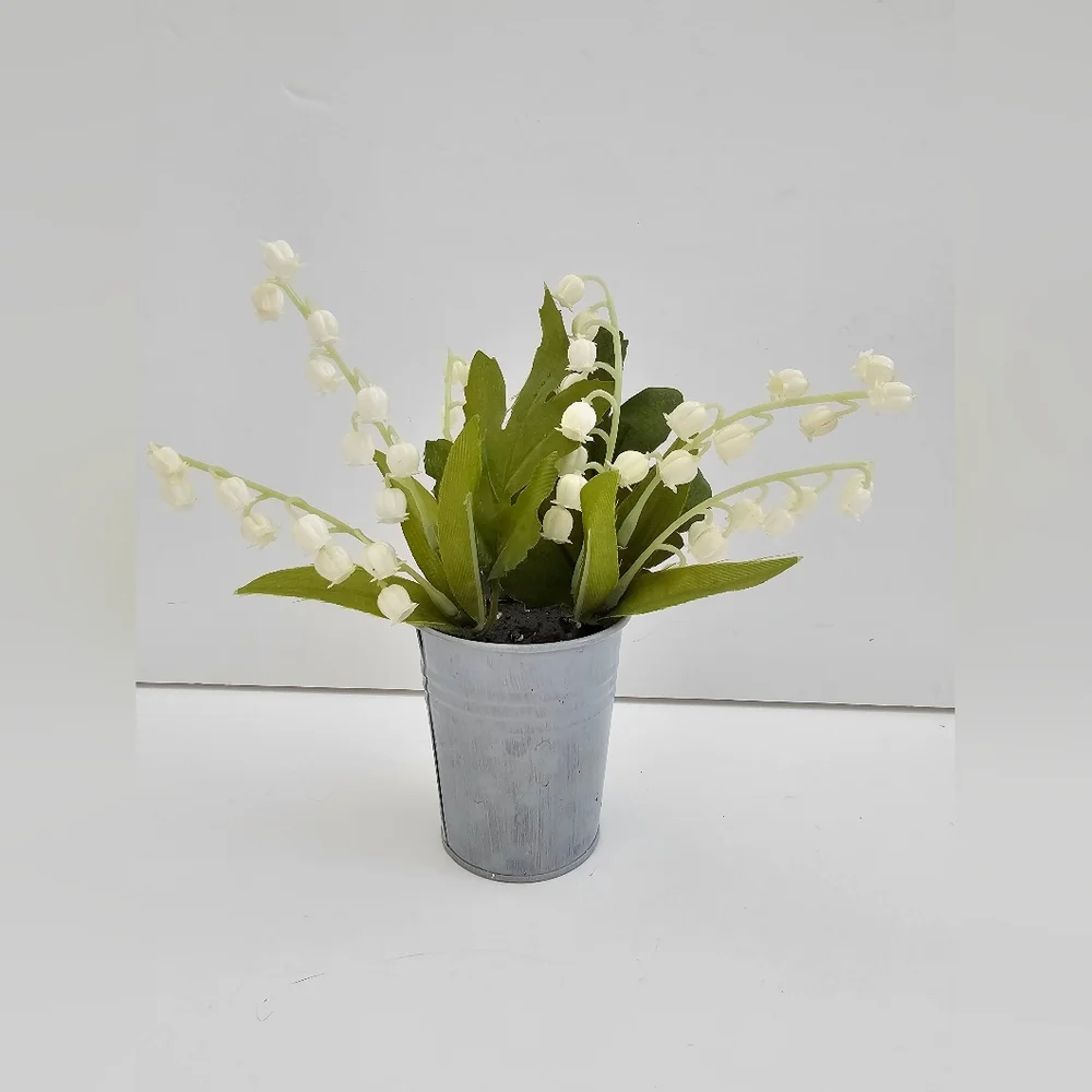Vintage Inspired Faux Lily of the Valley in Galvanized Metal Bucket Cottagecore